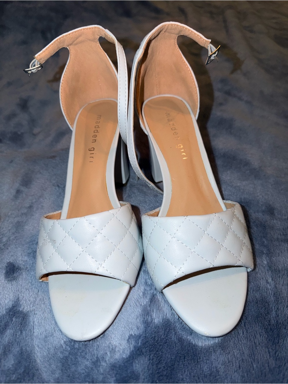 Madden Girl White Quilted Ankle-Strap Block Heels